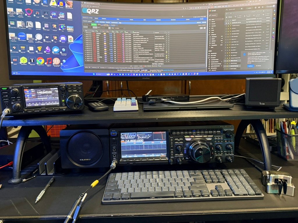 The W4JOD shack: Yaesu FTdx101MP on the desk with the Icom IC-9700 on the shelf above